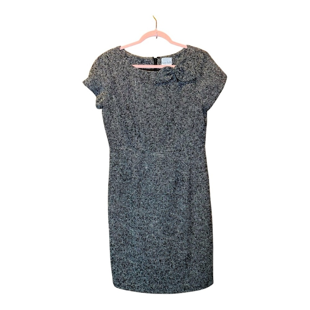 KATE HILL Black and White Tweed Midi Dress with Bow Detail on Collar Size 10